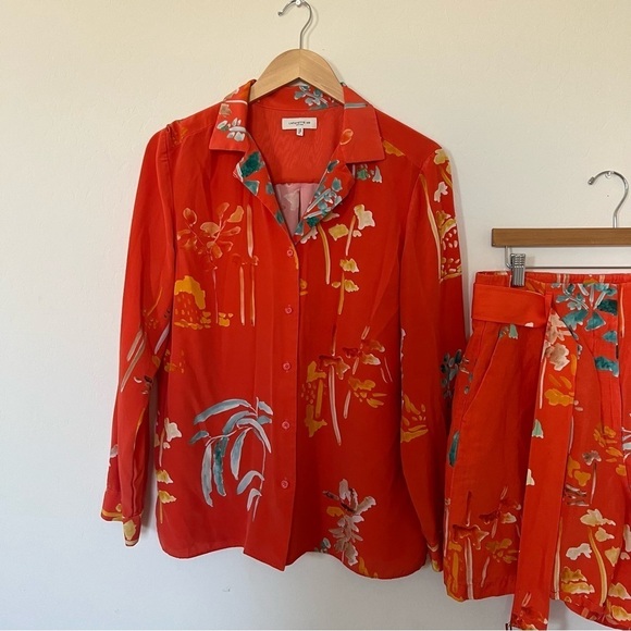 Lafayette 148 New York RIGBY BLOUSE IN OASIS PRINT SILK + Linen Shorts Set - Picture 5 of 13